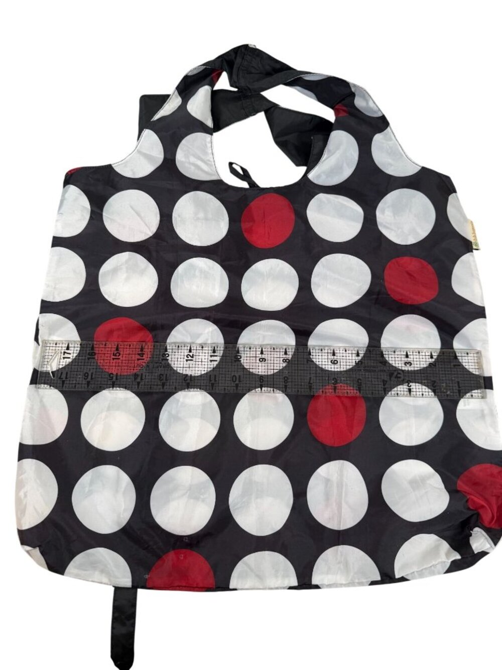 B.B. Begonia Reusable Foldable Tote Bag Red & White Polka Dots Black Background - Picture 7 of 7